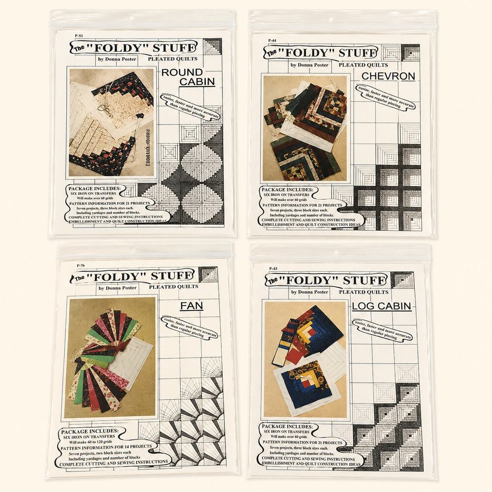 The Foldy Stuff Pleated Quilt Patterns Donna Poster Lot 4 Log Cabin Fan Chevron